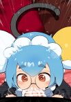  1boy 1girl absurdres bar_censor blue_hair borrowed_character brown_eyes cat_tail censored commission cum cum_in_mouth dorothree_(vtuber) double_bun fellatio hair_bun heart heart-shaped_pupils highres indie_virtual_youtuber large_penis maid maid_headdress mizumizuni oral penis pov round_eyewear short_hair skeb_commission symbol-shaped_pupils tail v-shaped_eyebrows 