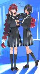  2girls absurdres adjusting_another's_clothes black_eyes black_hair black_serafuku blue_eyes boxing_gloves braid character_name commentary dddoochi1 flower hair_flower hair_ornament highres lara_(sayonara_lara) long_hair long_sleeves multiple_girls ootsu_mari red_hair sayonara_lara school_uniform serafuku very_long_braid very_long_hair white_flower yuri 