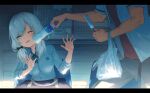  1boy 1girl anna_039 ars_almal ars_almal_(4th_costume) bag belt black_pants blue_eyes bottle bow breasts cheek_poking collared_shirt commentary ex_albio food grey_hair hair_bow highres holding holding_bag holding_food holding_popsicle large_breasts letterboxed long_hair long_sleeves low_twintails neck_ribbon nijisanji one_eye_closed open_clothes open_hands open_shirt pants plastic_bag poking popsicle red_skirt ribbon school_bag school_uniform shirt sitting skirt summer twintails untranslatable_commentary virtual_youtuber water_bottle white_shirt 
