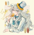 1girl animal_ears arknights bear_ears bear_girl blue_eyes blue_streaks blush border breasts commentary_request dress eating food fruit grey_background hat heterochromia highres holding holding_food holding_fruit jiru_(6pp_ab) long_sleeves looking_at_viewer matryoshka_doll medium_breasts mini_hat multicolored_hair official_alternate_costume outside_border pink_eyes rosa_(arknights) rosa_(forever_together)_(arknights) simple_background solo streaked_hair top_hat upper_body white_border white_dress white_hair 