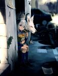  1girl absurdres animal blue_eyes blue_hair blue_skirt blue_socks blurry clip_studio_paint commentary curled_horns depth_of_field eating eudetenis food french_fries grey_hair hair_between_eyes highres holding holding_food horns kneehighs loafers long_sleeves looking_at_viewer medium_hair multicolored_hair original outdoors plant pleated_skirt rain school_uniform shirt shoes sitting skirt socks solo streaked_hair variant_set white_hair wolf 