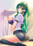  akanagi_youto alternate_costume ass black_legwear blue_eyes blush bra breasts buruma comic desk frog_hair_ornament green_hair gym_uniform hair_ornament kochiya_sanae large_breasts long_hair looking_at_viewer looking_back nipples purple_bra school_desk shirt_lift sitting snake_hair_ornament solo touhou underwear wariza 