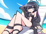  1girl absurdres arm_behind_head bandeau beach bikini black_bikini black_hair black_robe blue_archive blue_eyes blue_sky braid braid_over_shoulder breasts bright_pupils butterfly_hair_ornament chair cleavage cleavage_cutout closed_mouth clothing_cutout commentary commission day deformed diamond_cutout english_commentary eyewear_hang hair_ornament halo highres kisaki_(blue_archive) kisaki_(swimsuit)_(blue_archive) knees_up long_hair looking_at_viewer lounge_chair medium_breasts ocean official_alternate_costume official_alternate_hairstyle outdoors panty_&amp;_stocking_with_garterbelt_(style) parody purple-tinted_eyewear robe robe_partially_removed sico_de_seraph side_braid sitting sky smile solo style_parody sweat swimsuit thick_lineart tinted_eyewear unworn_eyewear white_halo white_pupils yellow-tinted_eyewear 