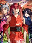  3boys animal_ear_fluff animal_ears bare_shoulders black_hair black_sash blue_kimono blunt_bangs cho_kaguya-hime! closed_mouth collarbone commentary_request cosplay cowboy_shot criss-cross_halter crossed_bangs double-parted_bangs fox_ears grey_hair hair_between_eyes hair_rings halterneck highres hood hood_down horns japanese_clothes kaguya_(cho_kaguya-hime!) kaguya_(cho_kaguya-hime!)_(cosplay) kaguya_(tsukuyomi)_(cho_kaguya-hime!) kimono komazawa_noi komazawa_rai male_focus mikado_akira_(cho_kaguya-hime!) multicolored_hair multiple_boys nene_man obi parted_lips pink_eyes pink_streaks purple_kimono red_hair red_kimono runami_yachiyo runami_yachiyo_(cosplay) runami_yachiyo_(tsukuyomi) sakayori_iroha sakayori_iroha_(cosplay) sakayori_iroha_(tsukuyomi) sash short_hair streaked_hair trap twintails yellow_eyes 