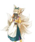  1girl absurdres animal_ear_fluff animal_ears apron arknights blonde_hair blue_hairband book feet_out_of_frame fox_ears fox_girl fox_tail gloves green_eyes hairband han_chi_zao_shui hand_up highres holding holding_book hongshan_forest_zoo kitsune looking_at_viewer multicolored_hair multiple_tails official_alternate_costume orange_gloves shirt simple_background solo standing suzuran_(arknights) tail white_apron white_background yellow_shirt 