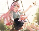  1girl bang_dream! bang_dream!_it's_mygo!!!!! bird black_ribbon black_skirt chihaya_anon chinese_commentary commentary_request commission fang grey_eyes hair_ribbon highres long_hair pink_hair ribbon shirt skirt solo swing tumaomao white_shirt 