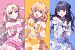  3girls :3 :d aqua_eyes blonde_hair blue_dress blue_eyes blue_hair blue_hairband closed_mouth column_lineup commentary dress earrings flower-shaped_hair flower_dress flower_earrings gradient_hair hairband hasu_no_sanrenka highres hinoshita_kaho holding holding_microphone ima_kako_mirai_no_sangenshoku jewelry long_hair looking_at_viewer love_live! love_live!_hasu_no_sora_jogakuin_school_idol_club medium_hair microphone multicolored_hair multiple_girls murano_sayaka open_mouth orange_hair osawa_rurino pink_dress pink_hairband ruoguiling simple_background sleeveless sleeveless_dress smile strapless strapless_dress v-shaped_eyebrows yellow_dress 