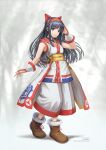  1girl ainu_clothes artist_name black_eyes black_hair bluesky_username boots bow breasts brown_boots commentary dargain_x grey_background hair_bow hairband hand_up highres knife long_hair nakoruru red_bow samurai_spirits sheath sheathed small_breasts solo standing 