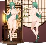 1girl absurdres ass ayamo_kaoru backboob blush breasts brown_eyes check_commentary cleavage closed_mouth commentary_request commission completely_nude eyebrows_hidden_by_hair from_behind full_body green_hair green_shoes high_heels highres holding holding_smoking_pipe large_breasts long_hair looking_at_viewer multiple_views nail_polish naked_shoes nipples nude original shoes skeb_commission smile smoking smoking_pipe stiletto_heels 