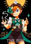  1girl animal_hair_ornament beret black_background black_hat black_shorts black_vest blue_eyes braid buttons card_(medium) collared_shirt commentary_request contrast_lapels cowboy_shot double-breasted english_text flower green_necktie green_ribbon grin hair_ribbon hands_up hat heterochromia high-waist_shorts highres inward_v lapels looking_at_viewer nail_polish nakao_azuma nakao_azuma_(idol) necktie nijisanji nogugera notched_lapels open_clothes open_vest orange_hair orange_nails orange_trim purple_eyes ribbon roman_numeral shirt short_hair short_necktie shorts simple_background sleeves_rolled_up smile solo sparkle sun sunflower tarot tarot_(medium) the_sun_(tarot) v vest virtual_youtuber white_shirt 