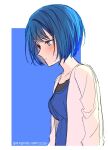  1girl bad_id bad_twitter_id blue_eyes blue_hair blush bob_cut breasts check_translation closed_mouth from_side highres kiritani_haruka korean_text nervous_sweating prmogumogu project_sekai short_hair simple_background solo sweat translation_request 