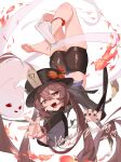  1girl absurdres bead_bracelet beads black_coat black_hat black_nails black_shorts bracelet brown_hair coat commentary crossed_ankles feet flower flower-shaped_pupils full_body genshin_impact ghost happy_birthday hat hat_flower hat_tassel highres hu_tao_(genshin_impact) jewelry legs long_hair long_sleeves looking_at_viewer multiple_rings no_shoes open_mouth porkpie_hat red_eyes ring short_shorts shorts single_bare_foot single_sock skindentation smile socks soles solo symbol-shaped_pupils teeth toes twintails untranslatable_commentary upper_teeth_only upside-down v.a._(vanilla) white_socks 