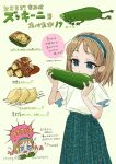  1girl blue_eyes blue_hairband blue_skirt bouen brown_hair child commentary_request croquette food hair_behind_ear hairband highres holding holding_food holding_vegetable medium_hair multiple_views original shirt skirt speech_bubble translation_request vegetable white_shirt zucchini_(vegetable) 