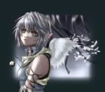  1girl arm_ribbon black_background black_choker black_ribbon choker commentary english_commentary expressionless feathered_wings grey_eyes grey_hair grey_shirt high_collar jewelry looking_at_viewer necklace night original outdoors pendant pointy_ears ribbon shirt short_hair solo star_(sky) upper_body white_wings wings yunaleskaa 