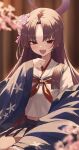  1girl absurdres blue_archive blue_haori blue_skirt blush chinese_commentary commentary_request eyeliner fang flower hair_flower hair_ornament halo haori highres japanese_clothes long_hair looking_at_viewer makeup neckerchief purple_eyes purple_hair purple_halo re_naya red_eyeliner red_neckerchief sailor_collar school_uniform shirt skin_fang skirt smile solo white_sailor_collar white_shirt yukari_(blue_archive) 