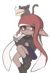  1boy animal_on_head black_jacket black_shoes black_shorts blush bottle cake cake_slice cat cat_on_head commentary_request dark-skinned_male dark_skin earclip earrings eating food highres holding holding_bottle holding_cake holding_food inkling inkling_boy inkling_player_character jacket jewelry long_hair looking_at_viewer male_focus mole mole_under_mouth nao_(pixiv92881824) nine_(bepe) on_head pointy_ears red_eyes red_hair shoes shorts simple_background sparkle splatoon_(series) stud_earrings tentacle_hair trap white_background wine_bottle 