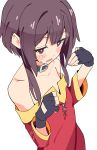  1girl bare_shoulders black_collar black_gloves blush collar collarbone commentary fingerless_gloves gloves highres kono_subarashii_sekai_ni_shukufuku_wo! looking_at_viewer megumin noyama_takenoko open_mouth red_shirt shirt simple_background solo white_background 