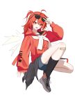  1girl :d absurdres ahoge arknights azk2 bandaid bandaid_on_knee bandaid_on_leg black_socks commentary detached_wings exusiai_(arknights) exusiai_the_new_covenant_(arknights) eyewear_on_head full_body grey_shoes grey_shorts highres jacket kneehighs long_sleeves looking_at_viewer medium_hair one_side_up open_mouth orange_eyes red_hair red_jacket shoes shorts simple_background single_sleeve_past_wrist smile socks solo sunglasses w white_background wings 