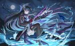  1girl absurdres black_boots black_hair black_thighhighs blue_eyes blunt_bangs boots breasts closed_mouth commentary_request coral dress dual_wielding full_body full_moon hair_ornament highres holding holding_sword holding_weapon honkai:_star_rail honkai_(series) hysilens_(honkai:_star_rail) jiang_wu_(user_wewj7328) long_hair long_sleeves looking_at_viewer medium_breasts moon sitting solo sword thighhighs underwater weapon white_dress zettai_ryouiki 