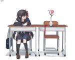  1girl aayoii_00 akemi_homura bag black_hair black_skirt black_socks blush bow braid chair desk flower glasses hair_bow hair_ribbon highres long_hair long_sleeves mahou_shoujo_madoka_magica mahou_shoujo_madoka_magica_(anime) multiple_hair_bows petals pink_flower pink_petals pink_rose pointing red-framed_eyewear red_ribbon ribbon rose school_bag school_desk school_uniform sitting skirt smile socks solo twin_braids vase 