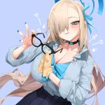  1girl absurdres asuna_(blue_archive) asuna_(school_uniform)_(blue_archive) black_skirt blonde_hair blue_archive blue_bow blue_bowtie blue_eyes blue_halo blush bow bowtie breasts choker cleaning_eyewear cleavage collarbone commentary_request glasses hair_over_one_eye hair_ribbon halo highres large_breasts long_hair looking_at_viewer onbawa ribbon shirt skirt sleeves_rolled_up solo tongue tongue_out unworn_eyewear very_long_hair white_shirt 