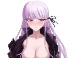 1girl black_jacket black_ribbon blush braid breasts cleavage commentary_request danganronpa:_trigger_happy_havoc danganronpa_(series) embarrassed hair_ribbon jacket kirigiri_kyoko koha_2652 long_hair naked_jacket open_clothes open_jacket pink_hair ribbon side_braid solo 