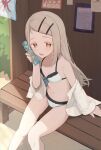  1girl absurdres bench bikini blonde_hair blush bottle bottle_to_cheek breasts commentary gakuen_idolmaster hair_ornament hairclip highres holding holding_bottle idolmaster long_hair looking_at_viewer on_bench open_mouth orange_eyes parallel_hairclips poppo_yo_say ramune shinosawa_hiro sitting small_breasts solo swimsuit white_bikini wooden_bench 