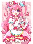  1girl animal apron asako_(puiu9k) back_bow blue_bow border bow bow_apron brooch capelet cat choker commentary_request cone_hair_bun corset cowboy_shot crossed_bangs cube cure_precious delicious_party_precure dot_nose double_bun earrings flower flower_knot food food-themed_bag frilled_capelet frilled_hairband frilled_skirt frills gloves gold_earrings hair_between_eyes hair_bow hair_bun hair_flower hair_ornament hair_ribbon hairband happy heart heart_brooch highres jewelry kome-kome lace-trimmed_gloves lace_trim large_bow long_hair magical_girl miniskirt mismatched_earrings nagomi_yui onigiri open_mouth outside_border pink_background pink_bow pink_choker pink_hair pink_hairband pink_ribbon pink_skirt pleated_skirt precure red_corset ribbon skirt skirt_under_dress smile standing tailcoat teeth triangle two-tone_skirt two_side_up upper_teeth_only very_long_hair waist_apron waist_bag watch wavy_hair white_border white_capelet white_flower white_gloves wristwatch yellow_ribbon yellow_skirt 