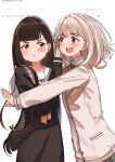  2girls absurdres black_dress blunt_bangs blush brown_eyes cardigan closed_mouth commentary cowboy_shot dated dress grey_cardigan grey_hair highres jyuunen-kun long_dress long_hair long_sleeves looking_at_another make_heroine_ga_oo_sugiru! medium_hair momozono_junior_high_school_uniform multiple_girls neckerchief nukumizu_kaju open_mouth pout sailor_collar sailor_dress school_uniform shiratama_riko simple_background smile translation_request tsuwabuki_high_school_uniform white_background white_sailor_collar winter_uniform yellow_neckerchief yuri 