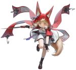  1girl absurdres animal_ear_fluff animal_ears arknights arknights:_endfield black_boots black_gloves blonde_hair boots cape commentary_request dress ears_through_hood fingerless_gloves full_body gloves highres holding holding_sword holding_weapon hood hood_up hooded_cape leg_up looking_at_viewer red_cape rossi_(arknights) simple_background solo standing standing_on_one_leg sword tail tooth_hair_ornament transparent_background weapon welt_(kinsei_koutenkyoku) white_dress window wolf_ears wolf_girl wolf_tail yellow_eyes 