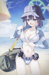  1girl absurdres bag bandolier beach belt bikini black_hat blue_archive blue_bikini blue_eyes blue_jacket breasts cleavage commentary duffel_bag green_bag green_halo halo hat highres holding holding_bag jacket kiwi_(uwee8553) large_breasts mismatched_bikini navel ocean official_alternate_costume open_clothes open_jacket open_mouth purple_hair saki_(blue_archive) saki_(swimsuit)_(blue_archive) short_hair solo stomach sweatdrop swimsuit unzipping white_bikini 