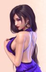  1girl 3d back backless_dress backless_outfit bare_arms bare_shoulders black_hair breasts crescent crescent_earrings dress earrings english_commentary eyeshadow final_fantasy final_fantasy_vii final_fantasy_vii_remake from_behind from_side gold_earrings highres jewelry large_breasts lips lipstick long_hair looking_to_the_side makeup median_furrow official_alternate_costume parted_lips patreon_username purple_dress purple_eyeshadow red_eyes red_lips sideboob simple_background solo sreliata tifa_lockhart tifa_lockhart_(refined_dress) upper_body 