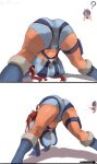  1girl absurdres ass ass_focus blue_boots blue_gloves blue_jacket blue_shorts boots breasts commentary crop_top cropped_jacket drifblim gloves hair_ornament hands_on_ground highres jack-o'_challenge jacket lady_shin large_breasts midriff motion_lines navel one_side_up pokemon pokemon_(creature) pokemon_black_and_white pouch red_hair short_hair_with_long_locks short_shorts shorts sidelocks skyla_(pokemon) spread_legs stretching thigh_pouch thighs top-down_bottom-up wide_spread_legs 