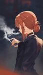  1girl absurdres arm_at_side black_choker black_jacket blurry blurry_background chinese_commentary choker cigarette commentary ear_piercing earrings facing_away from_behind hair_bun hand_up highres holding holding_cigarette jacket jewelry night open_mouth orange_hair outdoors piercing rong_kui_baku sidelocks single_hair_bun smoke smoking solo super_no_ura_de_yani_suu_futari tayama_(super_no_ura_de_yani_suu_futari) upper_body 