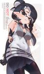  1girl armpit_crease arms_behind_back artist_name black_choker black_eyes black_gloves black_hair black_pantyhose black_skirt blush breasts choker cleavage commentary covered_navel cross cross_necklace dress earrings elbow_gloves from_below gloves hand_on_own_arm highres inkling inkling_girl inkling_player_character jewelry jinkoika long_hair looking_at_viewer medium_breasts necklace paint_splatter pantyhose parted_lips pointy_ears single_glove skirt solo splatoon_(series) teeth twitter_username untranslatable_commentary white_background white_dress 