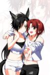  1_0_9809 2girls air_shakur_(umamusume) animal_ears arm_around_neck black_camisole black_hair brown_hair camisole closed_mouth commentary_request cowboy_shot expressionless eyebrow_piercing face_piercing female_trainer_(umamusume) highres horse_ears horse_girl horse_tail korean_commentary long_hair looking_at_viewer midriff multiple_girls navel off-shoulder_shirt off_shoulder open_mouth piercing second-party_source shirt shorts smile tail tarot_(shakurkoi) trainer_(umamusume) umamusume white_background white_shirt white_shorts yellow_eyes 