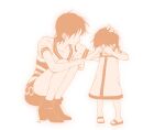  2girls age_comparison aged_down bare_arms bare_legs boots collarbone commentary_request crying dress dual_persona faceless faceless_female facing_another full_body hand_on_another's_head korean_commentary miniskirt monochrome multiple_girls nami_(one_piece) one_piece orange_theme sandals shirt short_hair short_sleeves shoulder_tattoo single_sidelock skirt squatting standing tattoo time_paradox tyo1ng_ye v-neck white_background 
