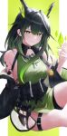  1girl absurdres ahoge arknights bare_shoulders belt black_belt black_hair black_jacket black_sash black_shorts blurry bright_pupils closed_mouth colored_inner_hair commentary crystal dress emoji fingernails green_background green_dress green_eyes green_nails hair_between_eyes hand_up highres huge_ahoge jacket light_blush light_smile long_hair looking_at_viewer material_growth mon3tr_(arknights) multicolored_hair off_shoulder oripathy_lesion_(arknights) sash short_dress shorts shorts_under_dress solo thigh_belt thigh_strap white_pupils yunyou_daoren 