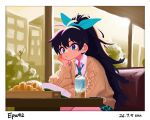  1girl arm_rest artist_name black_hair blue_eyes blue_ribbon book booth_seating border brown_cardigan cardigan closed_mouth collared_shirt commentary dated day drink earbuds earphones esprexo42 food ganaha_hibiki hair_ribbon head_rest high_ponytail highres idolmaster idolmaster_(classic) indoors long_hair miniskirt necktie open_book plaid_clothes plaid_necktie plaid_skirt pleated_skirt ponytail restaurant ribbon shirt sitting skirt solo untranslatable_commentary white_border 