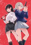  2girls absurdres back-to-back baseball_bat black_hair black_skirt black_socks blonde_hair blue_eyes blue_jacket breasts commentary_request frown glock grey_skirt gun hand_on_own_hip handgun highres holding holding_baseball_bat holding_gun holding_weapon izumida_fuyuki jacket kiriya_kaika large_breasts long_hair looking_at_viewer madara_rumble medium_breasts miniskirt multiple_girls official_art one_eye_closed pleated_skirt red_background red_eyes school_uniform serafuku serious short_hair skirt smile socks subaru_reo tongue tongue_out very_long_hair weapon 