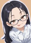  1girl absurdres artist_name black-framed_eyewear black_hair brown_background brown_eyes doyagao forehead glasses harioqi highres long_hair looking_at_viewer mesugaki original shirt smug solo tongue tongue_out white_shirt 