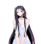  1girl bare_shoulders black_choker blush breasts choker cleavage collarbone commentary cowboy_shot dress earrings eyewear_on_head glasses half-closed_eyes highres jewelry large_breasts long_hair looking_at_viewer mole mole_under_eye original parted_lips purple_eyes purple_hair simple_background siun sleeveless sleeveless_dress solo straight-on straight_hair untranslatable_commentary v_arms very_long_hair white_background white_dress 