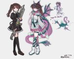  1girl ankle_boots aqua_pupils assault_lily black_necktie black_thighhighs boots brown_eyes brown_hair brown_shoes buttons chinese_commentary chinese_text closed_mouth commentary_request cropped_jacket dated dragon_girl dragon_horns dragon_wings dress frilled_dress frilled_skirt frills full_body gatti_love grey_background high-waist_skirt highres holding holding_sword holding_weapon horns juliet_sleeves karasawa_aisa light_smile loafers long_hair long_sleeves looking_at_viewer miniskirt monster monsterification multiple_views neck_ribbon necktie pink_wings ponytail puffy_sleeves ribbon school_uniform shoes simple_background single_horn sketch_inset skirt sleeves_past_fingers sleeves_past_wrists standing sword thigh_strap thighhighs translation_request twitter_username weapon white_boots white_dress wide_sleeves wings yurigaoka_girls_academy_school_uniform 