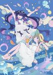  2girls ankle_bow arms_up blue_background bow candy columbina_(genshin_impact) commentary_request cup disposable_cup dress eye_mask eyewear_on_head fish food fruit genshin_impact hair_bow happy hat highres holding holding_cup holding_food holding_popsicle jellyfish juice long_hair long_sidelocks mask multicolored_hair multiple_girls popsicle purple_streaks sandrone_(genshin_impact) see-through_clothes see-through_mask shiro_chan46 shoes sidelocks streaked_hair sun_hat sundress sunglasses very_long_hair watermelon watermelon_slice white_bow white_dress white_mask white_shoes yellow_hat 
