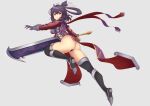  1girl ao_no_kiseki arm_guards ass bow-shaped_hair china_dress chinese_clothes clothing_cutout cross-laced_clothes cross-laced_cutout double-parted_bangs dress eiyuu_densetsu gauntlets greatsword hair_rings hajimari_no_kiseki half_updo highres holding holding_sword holding_weapon hotcake999 huge_weapon legs purple_eyes purple_hair rixia_mao simple_background single_arm_guard single_gauntlet solo sword weapon zero_no_kiseki 