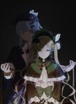  2girls artist_name bird_hat_ornament black_bow black_bowtie black_capelet black_flower black_hat black_rose blonde_hair blue_hair blue_necktie blue_skirt bonnet bow bow_flower bowtie braid braided_hair_rings capelet collared_shirt commentary deerstalker dress flower frilled_capelet frilled_dress frilled_sleeves frills green_bonnet green_eyes grey_background grey_vest hair_bow hair_flower hair_ornament hair_rings hat hat_bow holding holding_rope lolita_fashion long_hair long_sleeves looking_at_viewer mahou_shoujo_no_majo_saiban multiple_girls necktie plaid_clothes plaid_skirt ri_a rope rose shirt short_hair signature skirt smile spoilers tachibana_sherry tono_hanna twintails untranslatable_commentary vest white_flower white_rose white_shirt wide_sleeves winged_hat yellow_eyes yellow_flower yellow_rose 