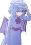  1girl back_bow bat_wings blue_hair bow bowtie closed_mouth collared_shirt commentary hand_on_headwear hat higashi_yu highres long_sleeves looking_at_viewer mob_cap pointy_ears red_bow red_bowtie red_eyes remilia_scarlet shirt skirt skirt_set solo touhou white_hat white_shirt white_skirt wings 