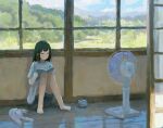  1girl animal barefoot black_hair black_shorts blush book cat closed_eyes closed_mouth commentary_request crew_neck day dot_mouth dot_nose electric_fan fjsmu forest full_body grey_cat grey_shirt highres holding holding_book indoors knees_up medium_hair nature on_floor open_book original painterly shirt short_sleeves shorts sitting solo summer t-shirt window 