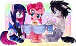  animal_focus animalization aqua_eyes back_bow black_dress black_hair blue_eyes blue_hair blunt_bangs bow cake cake_slice colored_inner_hair commentary crossover cutie_mark death_note dress english_commentary food grey_fur highres horse l_(death_note) multicolored_hair my_little_pony my_little_pony:_friendship_is_magic panty_&amp;_stocking_with_garterbelt pink_fur pink_hair pinkie_pie pony_(animal) star_(symbol) stocking_(psg) striped_clothes striped_thighhighs table thighhighs trait_connection zorbitas 