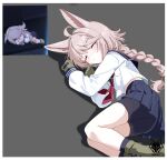  1girl animal_ears black_shorts black_socks blue_archive blue_sailor_collar blue_skirt blush boots braid brown_hair closed_mouth commentary english_commentary fox_ears fox_girl game_screenshot_inset gloves green_boots green_gloves highres long_hair melissa_v2 neckerchief otogi_(blue_archive) red_neckerchief reference_inset sailor_collar school_uniform screenshot_inset serafuku shirt short_shorts shorts shorts_under_skirt skirt sleeping socks solo upskirt very_long_braid very_long_hair white_shirt 